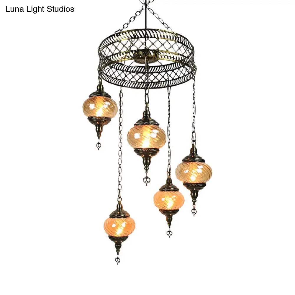 Vintage Bronze Chandelier With Colorful Glass Shades - 3/5/7 Bulbs Pendant Light For Coffee House