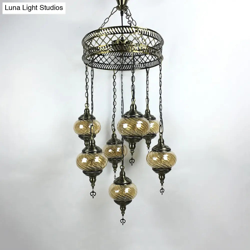 Vintage Bronze Chandelier With Colorful Glass Shades - 3/5/7 Bulbs Pendant Light For Coffee House
