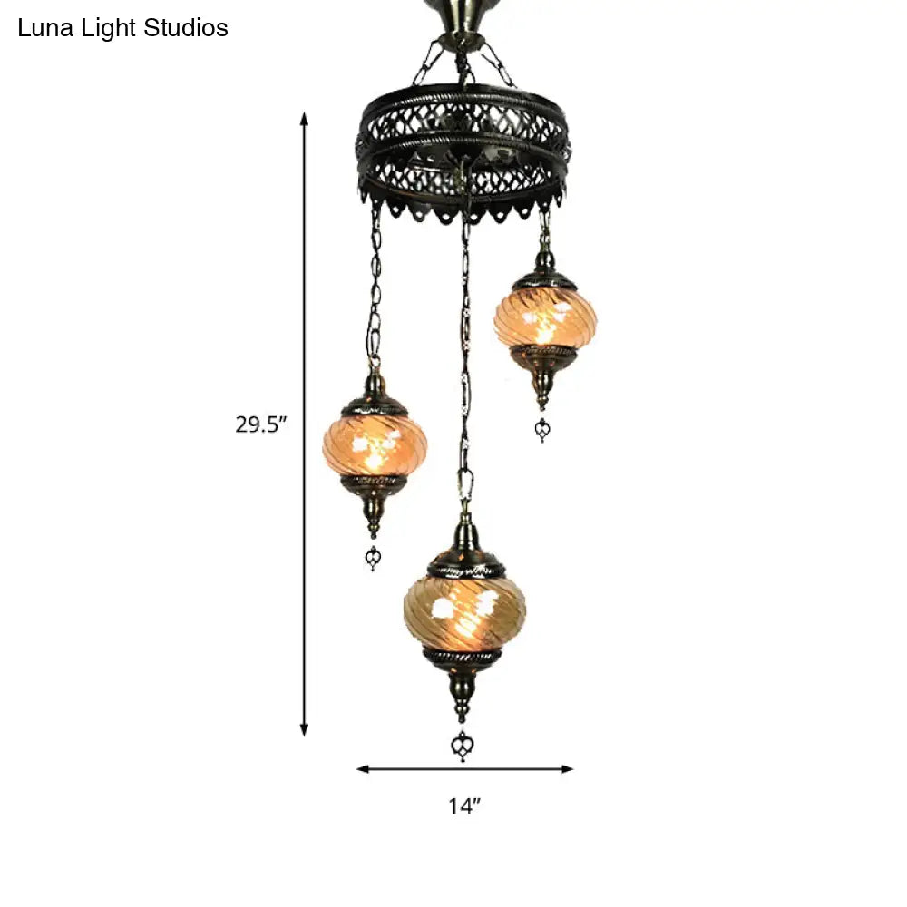 Vintage Bronze Chandelier With Colorful Glass Shades - 3/5/7 Bulbs Pendant Light For Coffee House