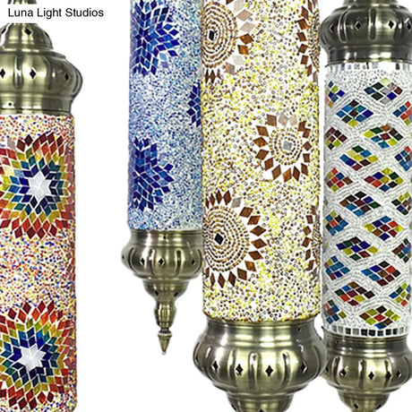 Vintage Bronze Cylindrical Chandelier With Colorful Glass - 4 Bulb Pendant Light For Living Room
