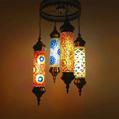Vintage Bronze Cylindrical Chandelier With Colorful Glass - 4 Bulb Pendant Light For Living Room