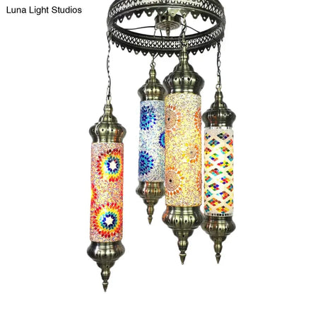 Vintage Bronze Cylindrical Chandelier With Colorful Glass - 4 Bulb Pendant Light For Living Room