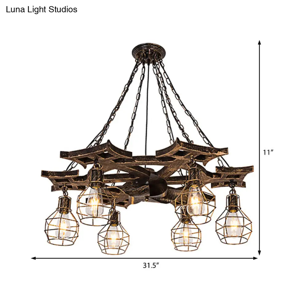 Vintage Bronze Metal Globe Chandelier With 6 Bulbs - Stylish Hanging Ceiling Fixture Cage