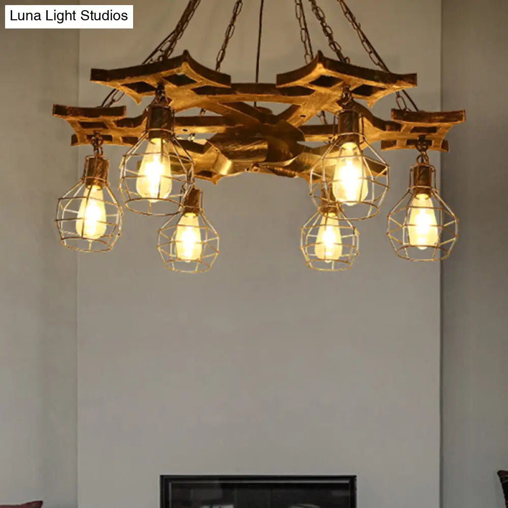 Vintage Bronze Metal Globe Chandelier - 6 Bulbs Hanging Ceiling Fixture With Cage