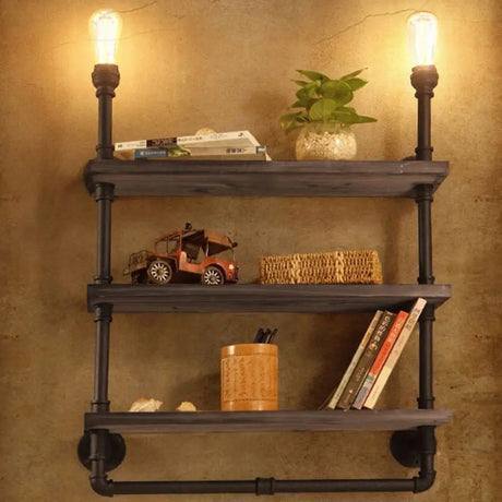 Vintage Bronze Wall Mount Light With Wood Shelf And Water Pipe Design For Living Room Décor / B
