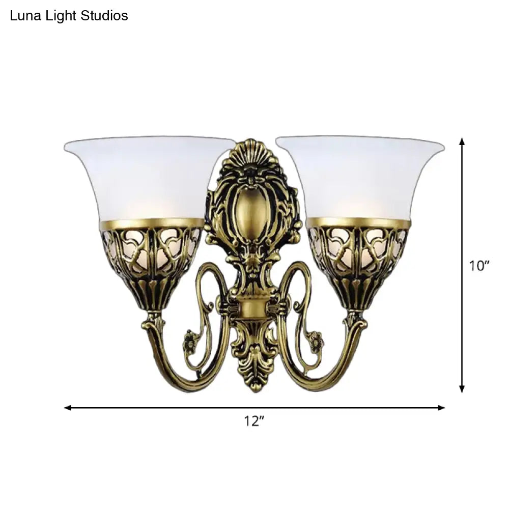 Vintage Bronze Wall Sconce With White Glass Bell Shade - 2 Light Hallway Lighting