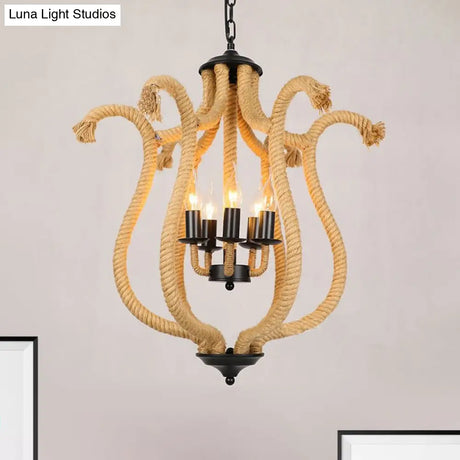 Vintage Brown 5-Head Roped Cage Chandelier With Flower Shade - Ideal For Restaurants