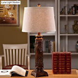 Vintage Brown Carved Base Table Lamp With Tapered Fabric Shade - Perfect For Study Rooms And Night