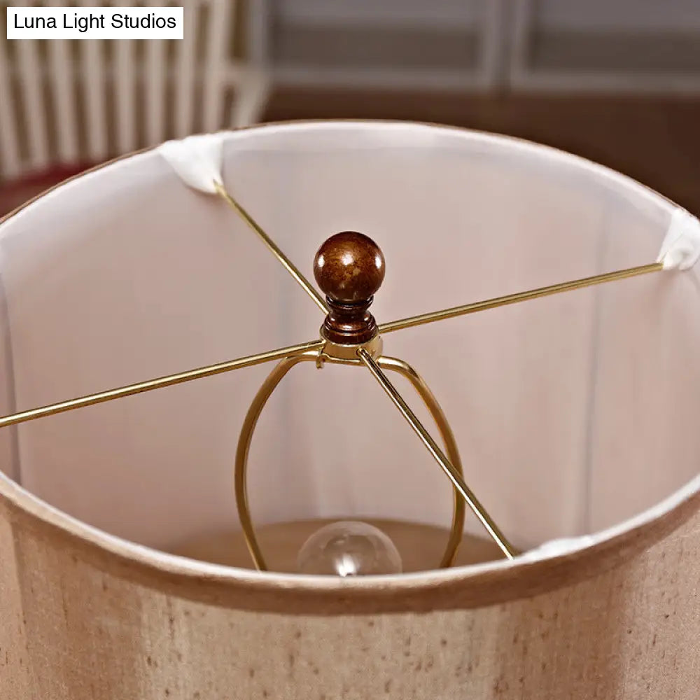 Vintage Brown Carved Base Table Lamp With Tapered Fabric Shade - Perfect For Study Rooms And Night