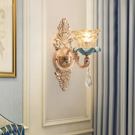 Vintage Brown Glass Floral Wall Light With Gold Ruffle And Crystal 1 /