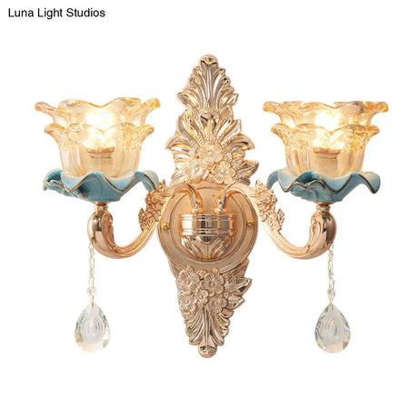 Vintage Brown Glass Floral Wall Light With Gold Ruffle And Crystal