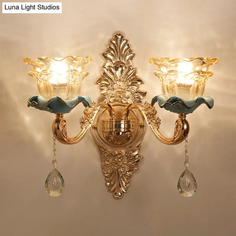 Vintage Brown Glass Floral Wall Light With Gold Ruffle And Crystal