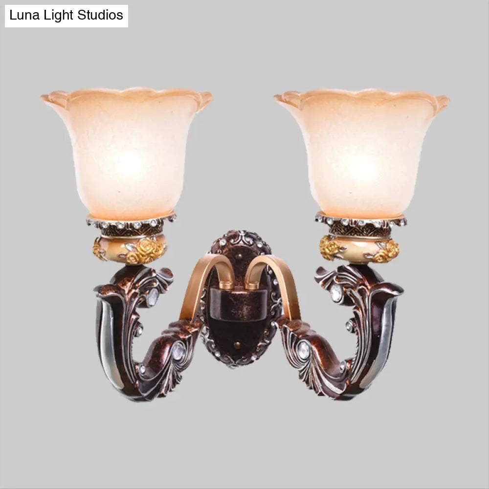 Vintage Brown Half-Head Wall Lamp With Pink And White Floral-Shaped Glass - Retro Lighting Fixture