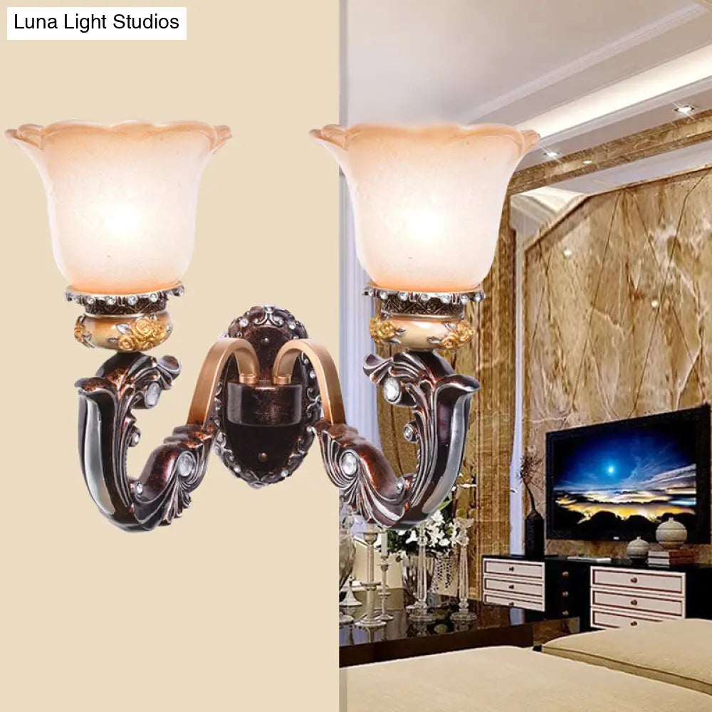 Vintage Brown Half-Head Wall Lamp With Pink And White Floral-Shaped Glass - Retro Lighting Fixture