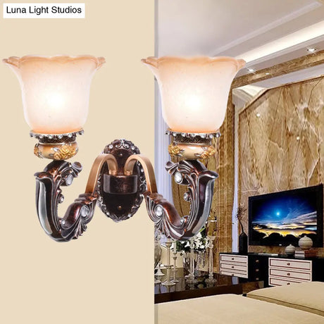 Vintage Brown Half-Head Wall Lamp With Pink And White Floral-Shaped Glass - Retro Lighting Fixture