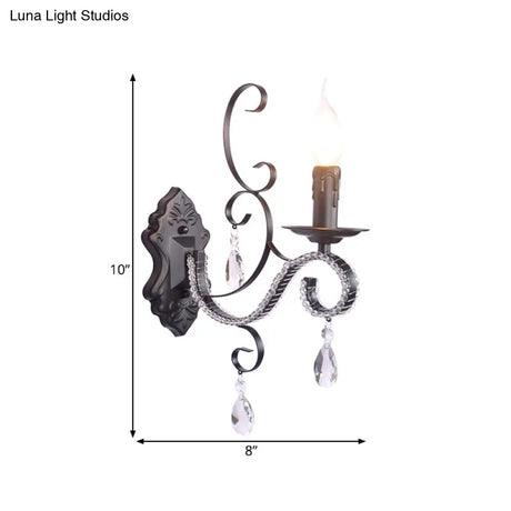 Vintage Candle Wall Lamp With Crystal Accent Black Metal Finish
