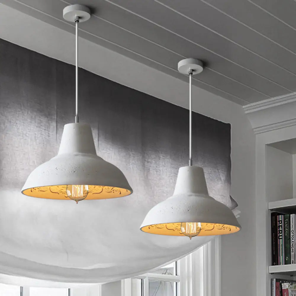 Vintage Cement Hanging Light Fixture - 1-Light Restaurant Ceiling Lamp In White/Grey With Carved