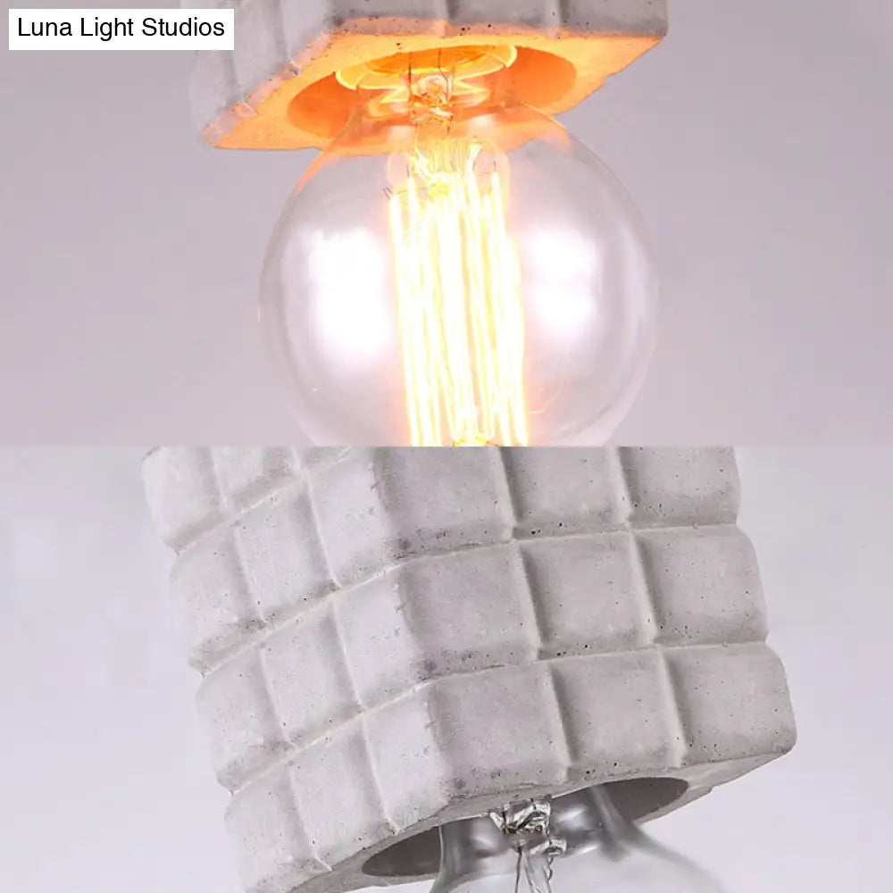 Vintage Cement Square Pendant Light With Bare Bulb For Restaurant Ceiling - Grey