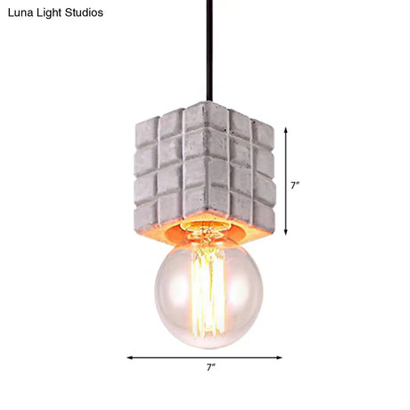 Vintage Cement Square Pendant Light With Bare Bulb For Restaurant Ceiling - Grey