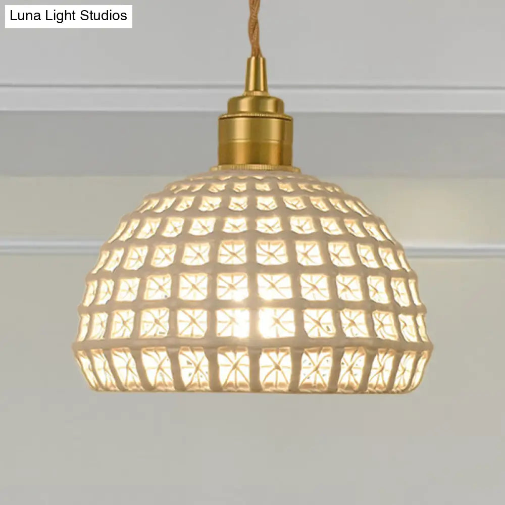 Vintage Ceramic Dome Suspension Lamp With Hollow Out Design Blue/Pink 1-Light Hanging Fixture