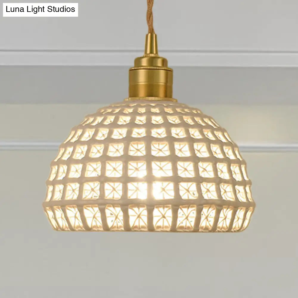 Vintage Ceramic Dome Lamp With Hollow Out Design - Blue/Pink Suspended Light