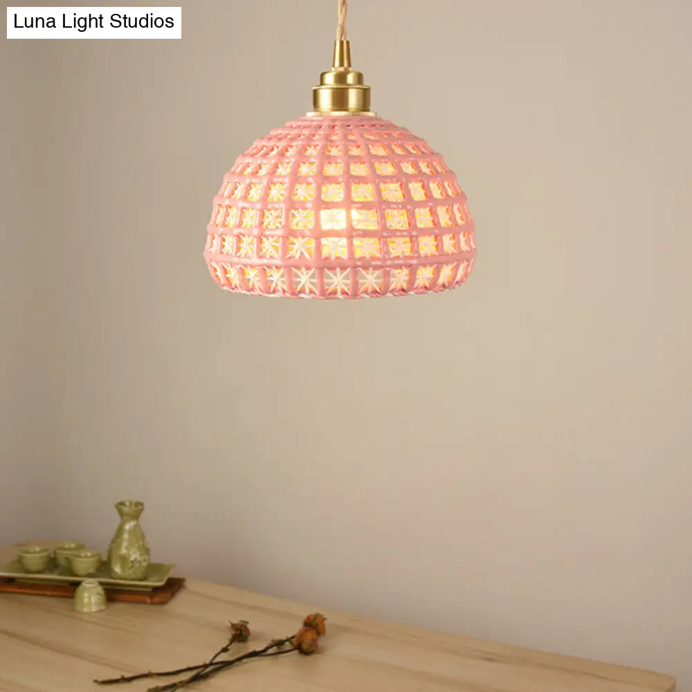 Vintage Ceramic Dome Suspension Lamp With Hollow Out Design Blue/Pink 1-Light Hanging Fixture