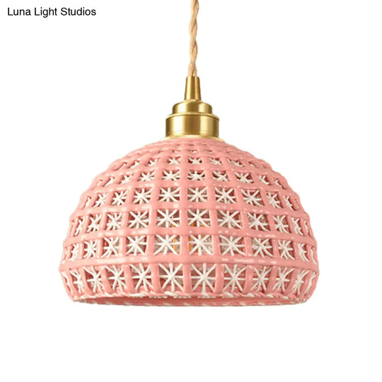 Vintage Ceramic Dome Lamp With Hollow Out Design - Blue/Pink Suspended Light