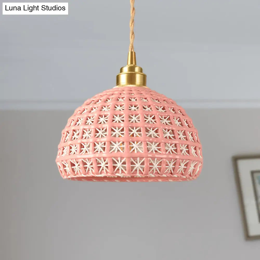 Vintage Ceramic Dome Suspension Lamp With Hollow Out Design Blue/Pink 1-Light Hanging Fixture