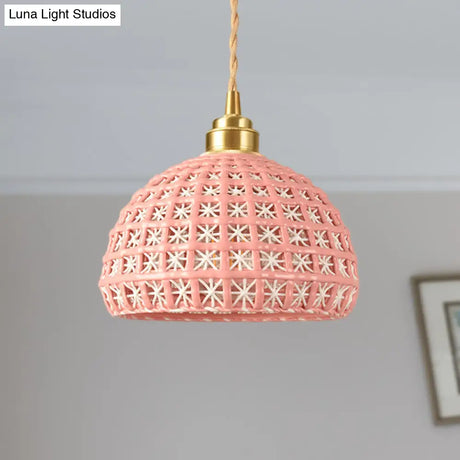 Vintage Ceramic Dome Suspension Lamp With Hollow Out Design Blue/Pink 1-Light Hanging Fixture