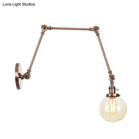 Vintage Chrome/Copper/Bronze Orb Wall Sconce Lamp - Clear/Amber Glass Adjustable Arm 1 Light Ideal