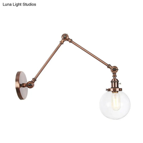 Vintage Chrome/Copper/Bronze Orb Wall Sconce Lamp - Clear/Amber Glass Adjustable Arm 1 Light Ideal