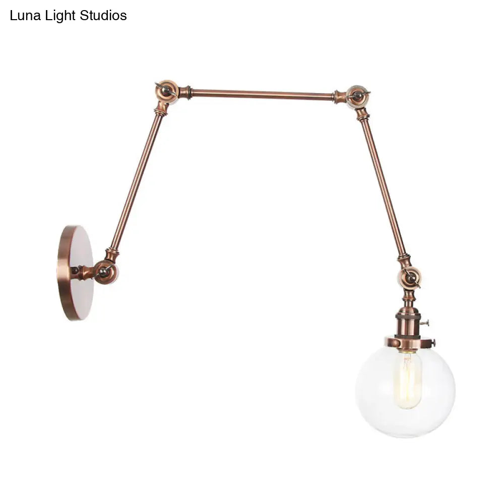 Vintage Chrome/Copper/Bronze Orb Wall Sconce Lamp - Clear/Amber Glass Adjustable Arm 1 Light Ideal