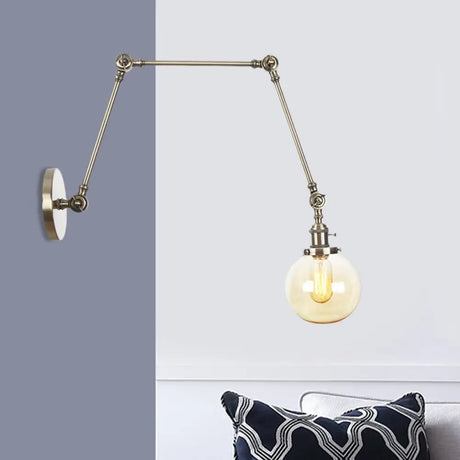 Vintage Chrome/Copper/Bronze Orb Wall Sconce Lamp - Clear/Amber Glass Adjustable Arm 1 Light Ideal