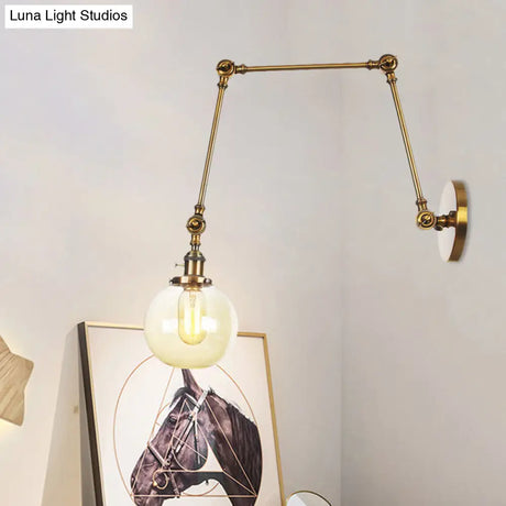 Vintage Chrome/Copper/Bronze Orb Wall Sconce Lamp - Clear/Amber Glass Adjustable Arm 1 Light Ideal
