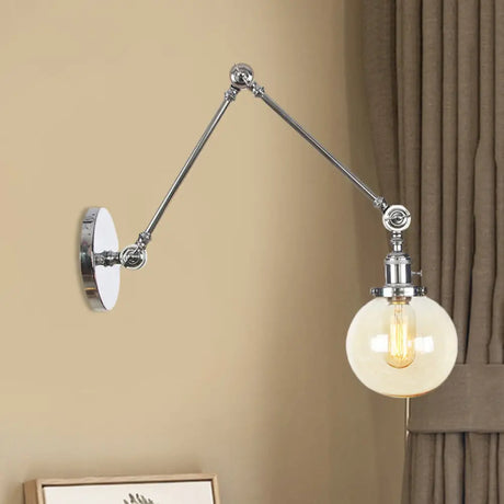 Vintage Chrome/Copper/Bronze Orb Wall Sconce Lamp - Clear/Amber Glass Adjustable Arm 1 Light Ideal