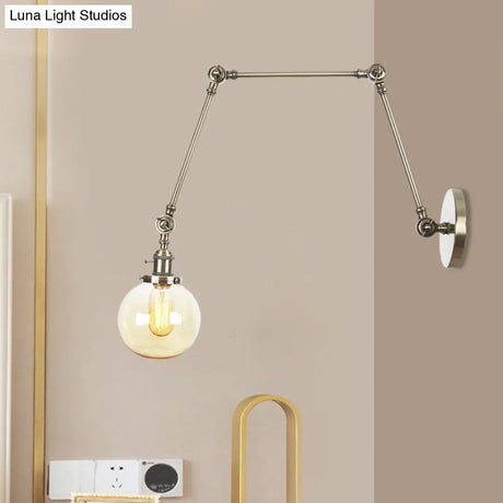 Vintage Chrome/Copper/Bronze Orb Wall Sconce Lamp - Clear/Amber Glass Adjustable Arm 1 Light Ideal