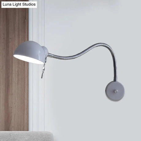 Vintage Chrome/White Metallic Wall Lamp With Flexible Arm And Dome Shade Perfect Bedside Sconce