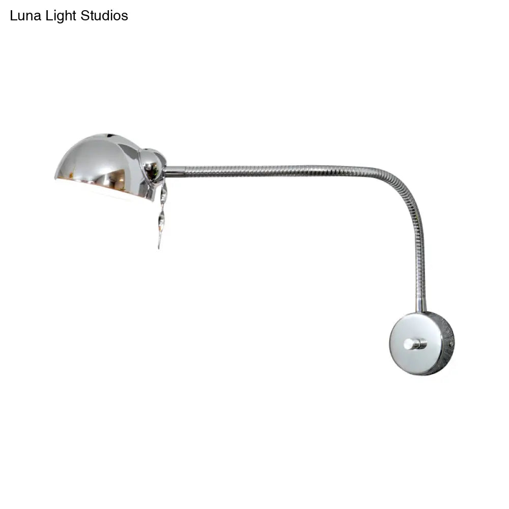 Vintage Chrome/White Metallic Wall Lamp With Flexible Arm And Dome Shade Perfect Bedside Sconce