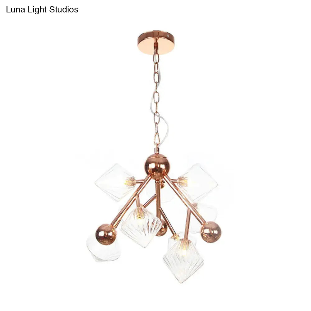 Vintage Ribbed Glass Chandelier: Clear/Amber Prism 9 Lights - Perfect Dining Room Pendant Light
