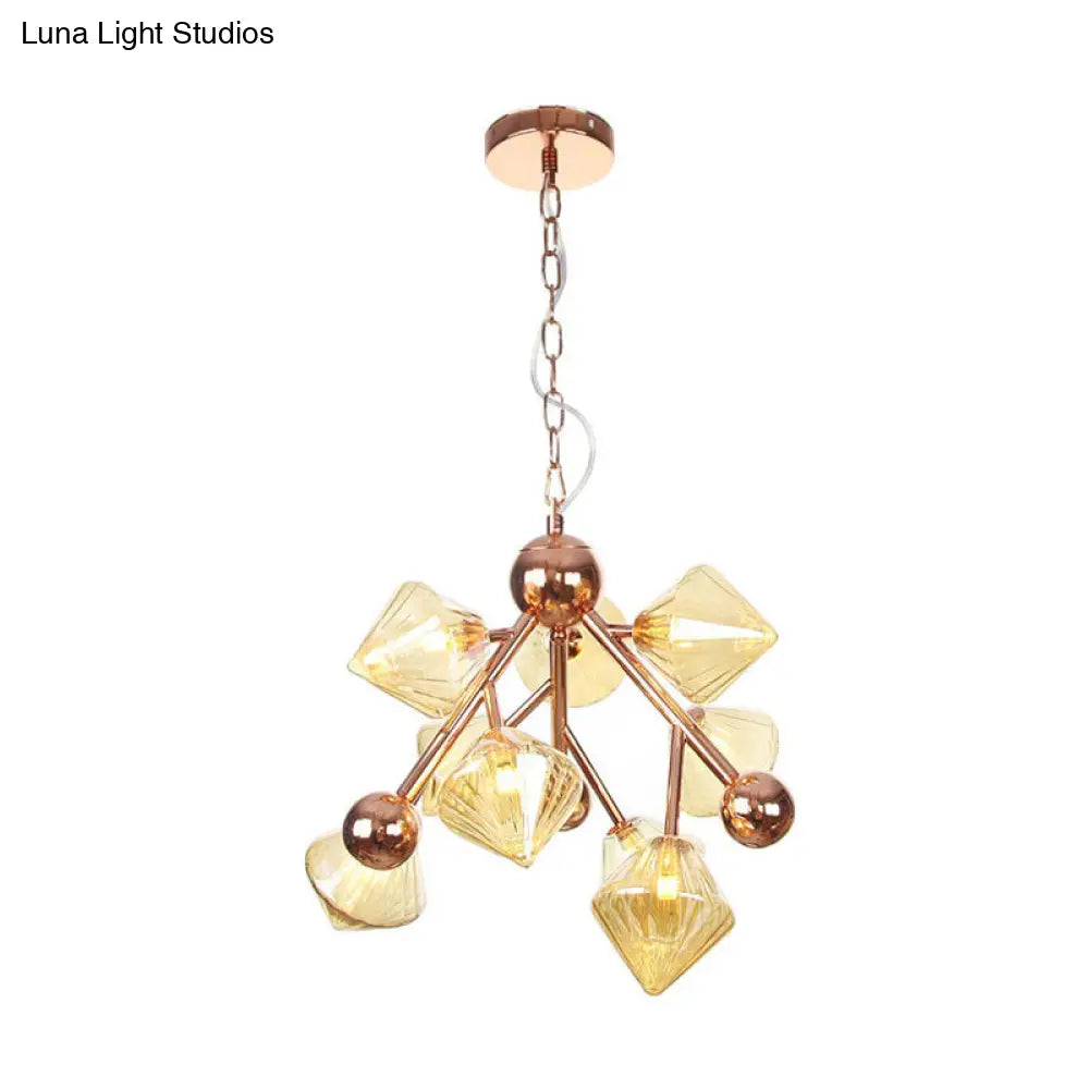 Vintage Ribbed Glass Chandelier: Clear/Amber Prism 9 Lights - Perfect Dining Room Pendant Light