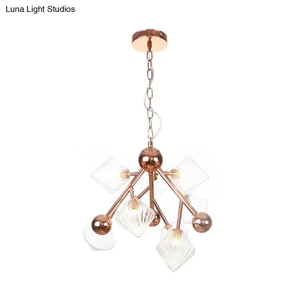 Vintage Clear/Amber Prism Glass Chandelier - 9-Light Ribbed Hanging Pendant For Dining Room