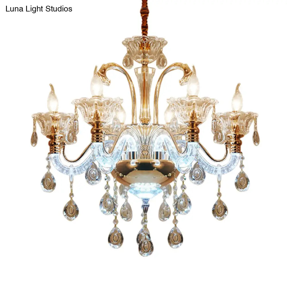 Vintage Clear Crystal Candle Chandelier - Elegant 6 Bulb Dining Room Hanging Lamp With Glass Shade