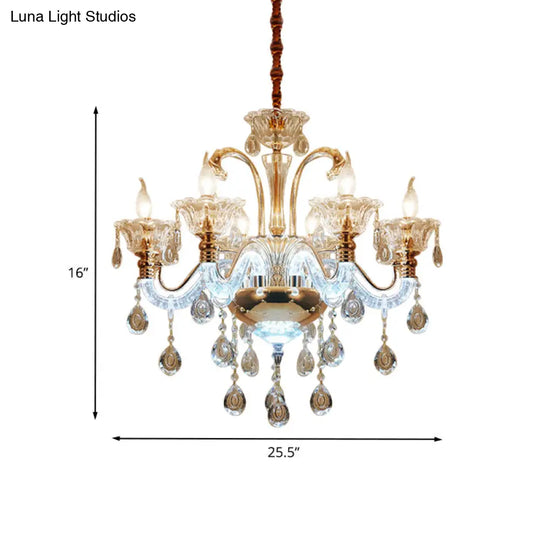 Vintage Clear Crystal Candle Chandelier - Elegant 6 Bulb Dining Room Hanging Lamp With Glass Shade