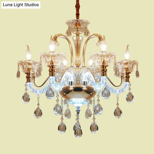 Vintage Clear Crystal Candle Chandelier - Elegant 6 Bulb Dining Room Hanging Lamp With Glass Shade