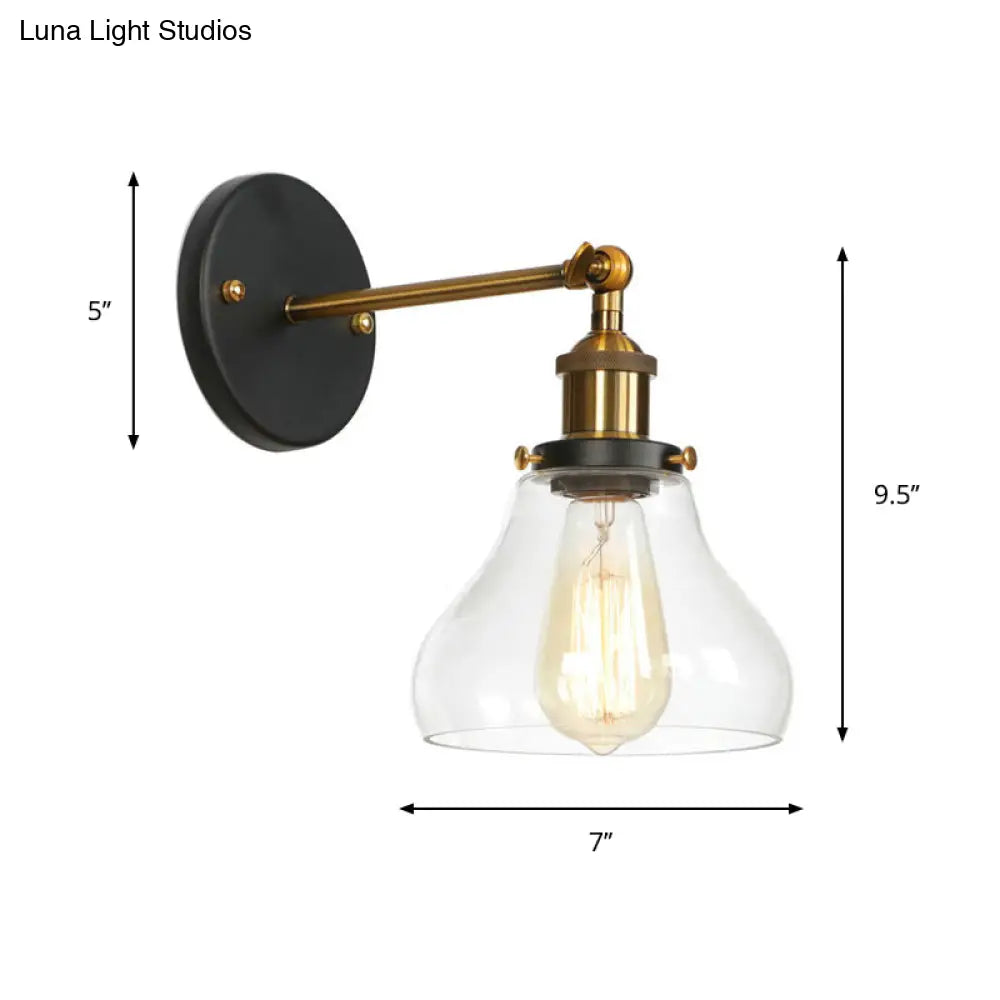 Vintage Clear Glass Bedside Wall Lamp- 1 Bulb Black-Brass Light With Pivot Joint