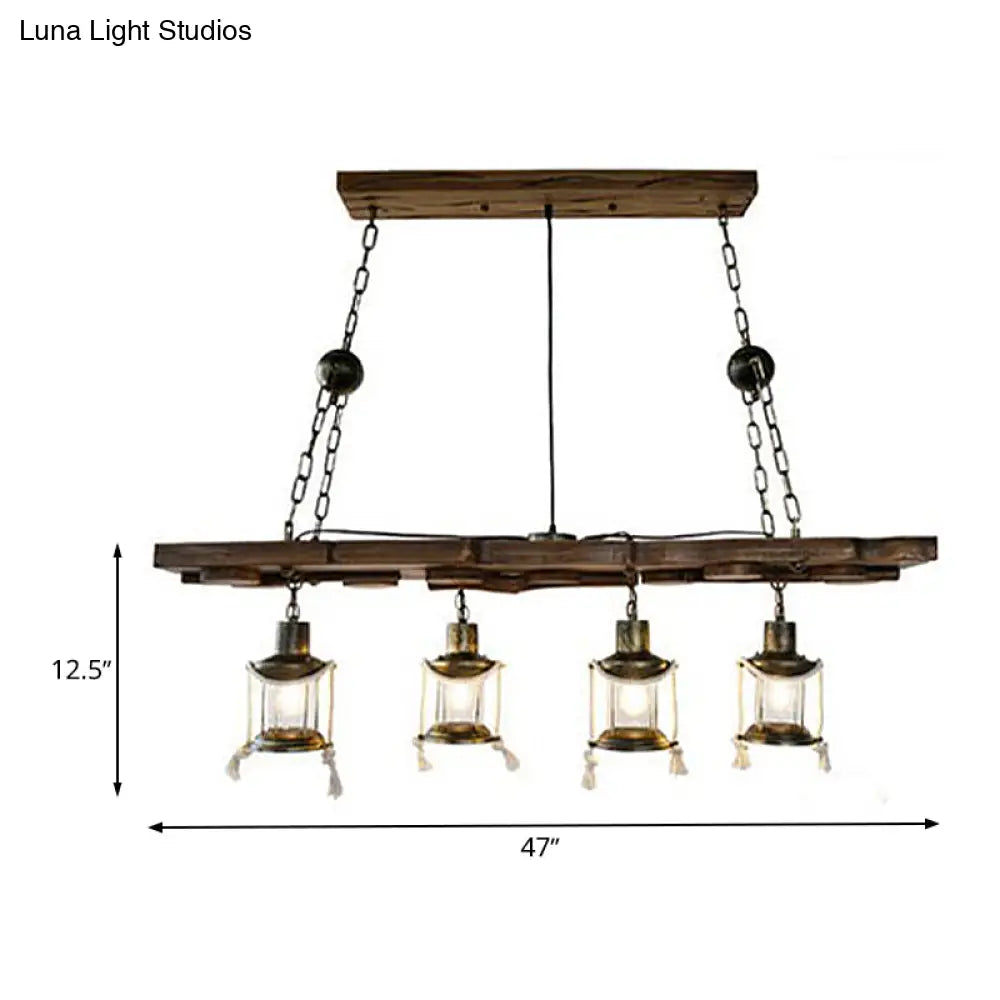 Vintage Clear Glass Kerosene Chandelier: Dark Wood Island Lamp With 4 Lights