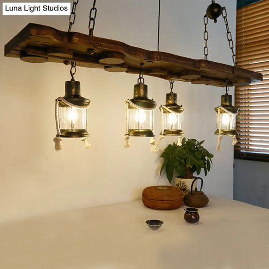 Vintage Clear Glass Kerosene Chandelier: Dark Wood Island Lamp With 4 Lights