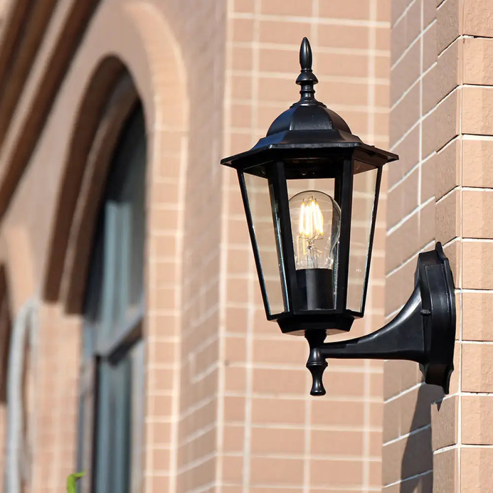 Vintage Clear Glass Wall Sconce: Tapered Single-Bulb Courtyard Lamp Black