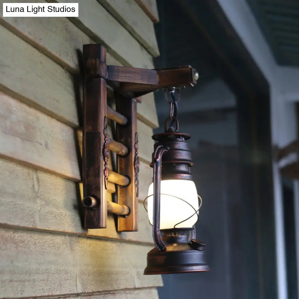 Vintage Clear Glass Wall Sconce With Antique Copper Cylinder Cage And Wooden Backplate - 1 Light