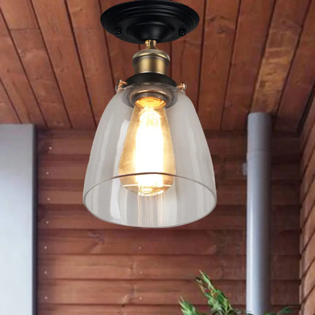 Vintage Cone Clear Glass Semi Flush Mount Light In Antique Brass – Ideal For Hallways
